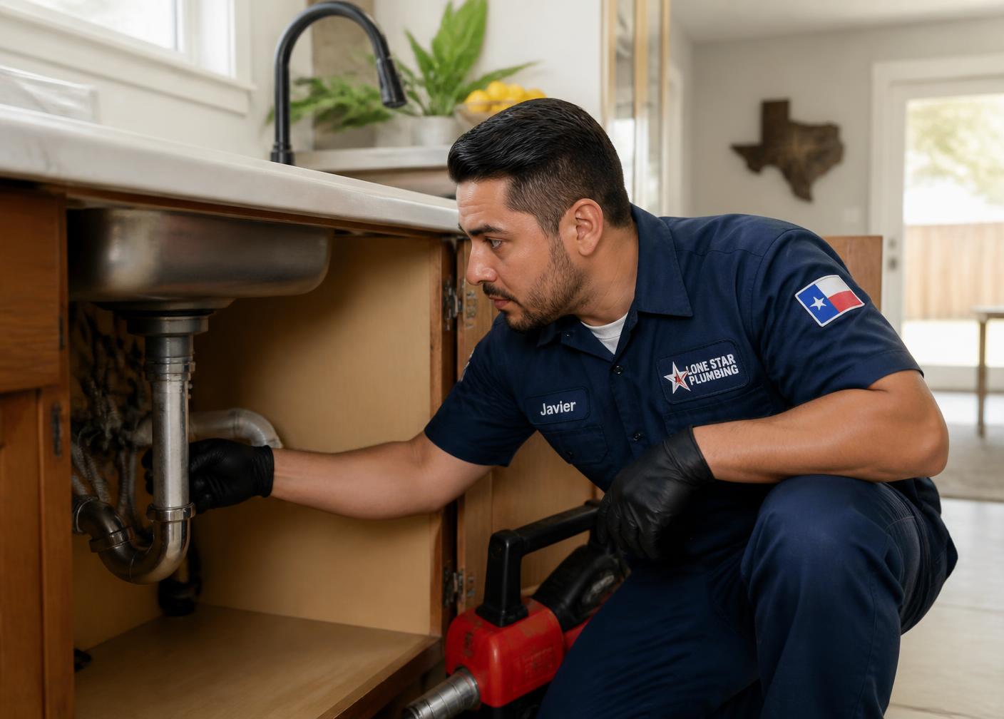 Licensed Texas plumber repairing a kitchen sink drain line