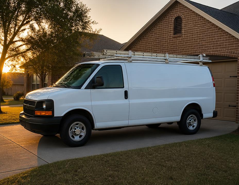 Precision Plumbing service van parked outside a Texas home